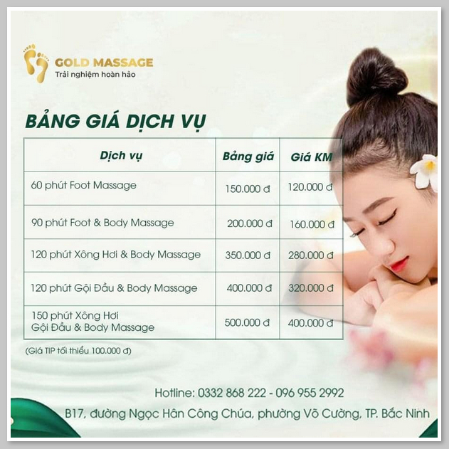 Bảng giá dịch vụ tại GOLD Xông Hơi Massage