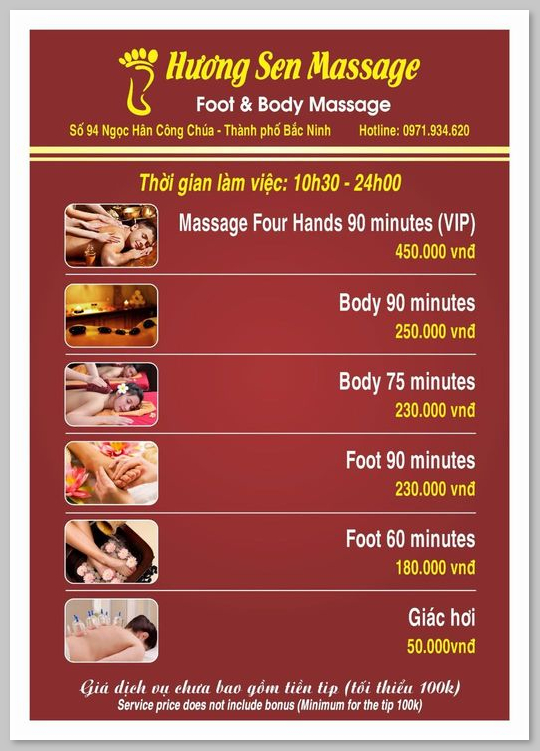 Bảng giá Massage Huong Sen chi tiết nhất