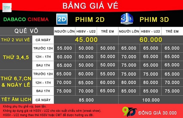 Bảng giá vé tại rạp chiếu phim Dabaco Cinema Bắc Ninh